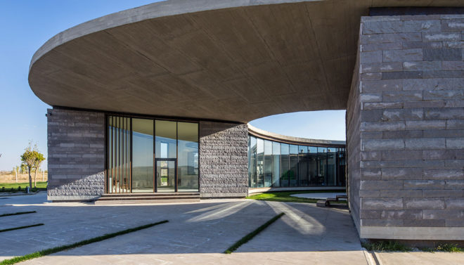 Farm of 38° 30°, Slash Architects, Arkizon Architects, dairy factory, Turkey, showroom, courtyard, natural light, locally sourced materials, natural stone, green architecture, Corten steel