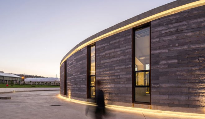 Farm of 38° 30°, Slash Architects, Arkizon Architects, dairy factory, Turkey, showroom, courtyard, natural light, locally sourced materials, natural stone, green architecture, Corten steel