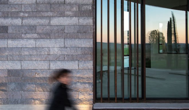 Farm of 38° 30°, Slash Architects, Arkizon Architects, dairy factory, Turkey, showroom, courtyard, natural light, locally sourced materials, natural stone, green architecture, Corten steel