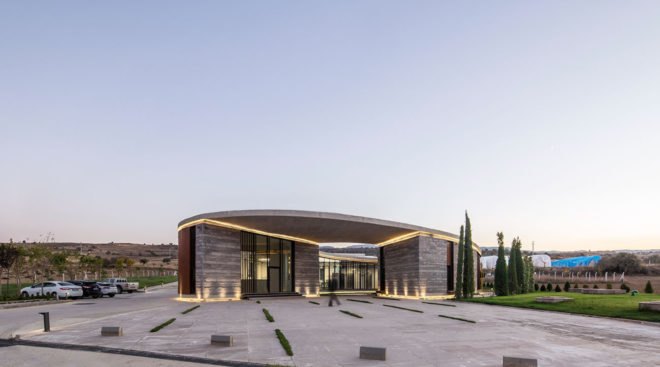 Farm of 38° 30°, Slash Architects, Arkizon Architects, dairy factory, Turkey, showroom, courtyard, natural light, locally sourced materials, natural stone, green architecture, Corten steel