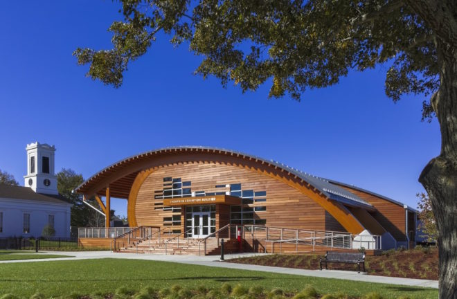 Thompson Exhibition Building by Centerbrook Architects, Thompson Exhibition Building at Mystic, Thompson Exhibition Building architecture, geothermal powered Thompson Exhibition Building, Mystic riverfront architecture, geothermal heated exhibition building, Douglas Fir glue laminated timber