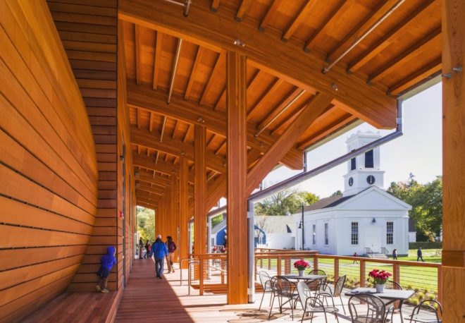 Thompson Exhibition Building by Centerbrook Architects, Thompson Exhibition Building at Mystic, Thompson Exhibition Building architecture, geothermal powered Thompson Exhibition Building, Mystic riverfront architecture, geothermal heated exhibition building, Douglas Fir glue laminated timber