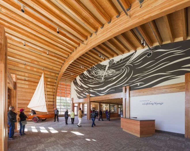 Thompson Exhibition Building by Centerbrook Architects, Thompson Exhibition Building at Mystic, Thompson Exhibition Building architecture, geothermal powered Thompson Exhibition Building, Mystic riverfront architecture, geothermal heated exhibition building, Douglas Fir glue laminated timber