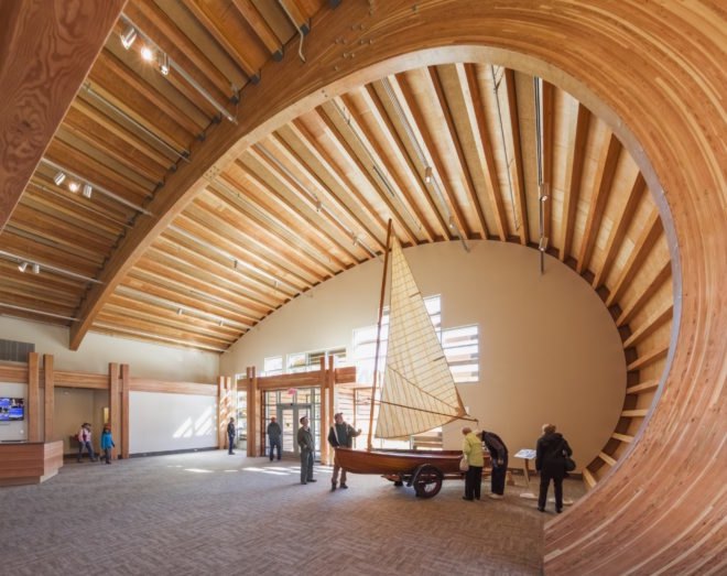 Thompson Exhibition Building by Centerbrook Architects, Thompson Exhibition Building at Mystic, Thompson Exhibition Building architecture, geothermal powered Thompson Exhibition Building, Mystic riverfront architecture, geothermal heated exhibition building, Douglas Fir glue laminated timber