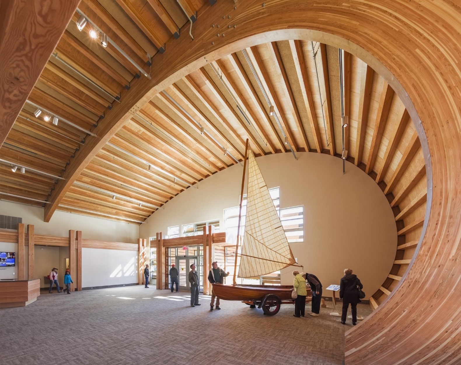 Thompson Exhibition Building by Centerbrook Architects, Thompson Exhibition Building at Mystic, Thompson Exhibition Building architecture, geothermal powered Thompson Exhibition Building, Mystic riverfront architecture, geothermal heated exhibition building, Douglas Fir glue laminated timber