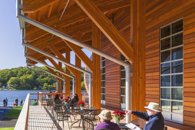 Thompson Exhibition Building by Centerbrook Architects, Thompson Exhibition Building at Mystic, Thompson Exhibition Building architecture, geothermal powered Thompson Exhibition Building, Mystic riverfront architecture, geothermal heated exhibition building, Douglas Fir glue laminated timber
