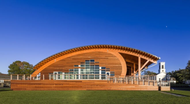 Thompson Exhibition Building by Centerbrook Architects, Thompson Exhibition Building at Mystic, Thompson Exhibition Building architecture, geothermal powered Thompson Exhibition Building, Mystic riverfront architecture, geothermal heated exhibition building, Douglas Fir glue laminated timber