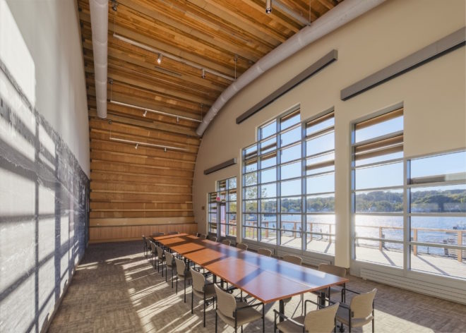 Thompson Exhibition Building by Centerbrook Architects, Thompson Exhibition Building at Mystic, Thompson Exhibition Building architecture, geothermal powered Thompson Exhibition Building, Mystic riverfront architecture, geothermal heated exhibition building, Douglas Fir glue laminated timber