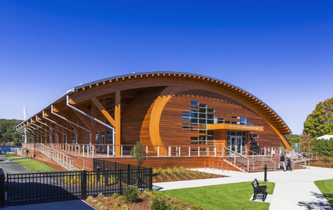 Thompson Exhibition Building by Centerbrook Architects, Thompson Exhibition Building at Mystic, Thompson Exhibition Building architecture, geothermal powered Thompson Exhibition Building, Mystic riverfront architecture, geothermal heated exhibition building, Douglas Fir glue laminated timber