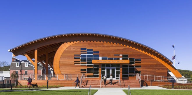Thompson Exhibition Building by Centerbrook Architects, Thompson Exhibition Building at Mystic, Thompson Exhibition Building architecture, geothermal powered Thompson Exhibition Building, Mystic riverfront architecture, geothermal heated exhibition building, Douglas Fir glue laminated timber