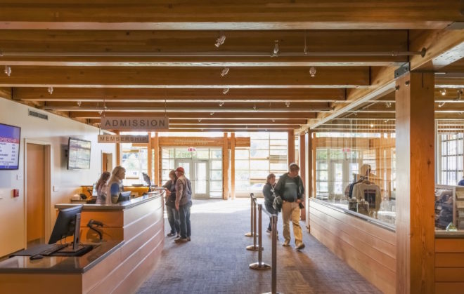 Thompson Exhibition Building by Centerbrook Architects, Thompson Exhibition Building at Mystic, Thompson Exhibition Building architecture, geothermal powered Thompson Exhibition Building, Mystic riverfront architecture, geothermal heated exhibition building, Douglas Fir glue laminated timber