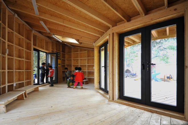Tsiaogou reading room by SLOW Architects, SLOW Architects reading room, Tsiaogou library, library architecture for children, wooden reading room, fan-shaped architecture made from wood, low-tech Chinese timber architecture