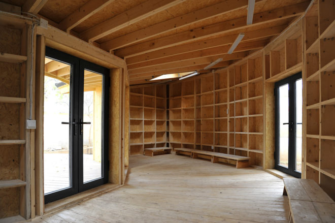 Tsiaogou reading room by SLOW Architects, SLOW Architects reading room, Tsiaogou library, library architecture for children, wooden reading room, fan-shaped architecture made from wood, low-tech Chinese timber architecture