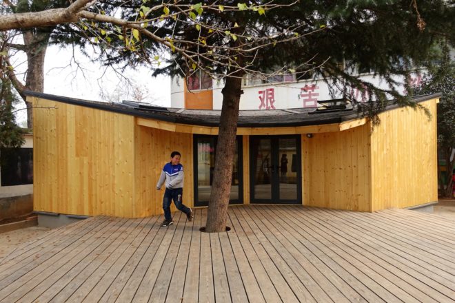 Tsiaogou reading room by SLOW Architects, SLOW Architects reading room, Tsiaogou library, library architecture for children, wooden reading room, fan-shaped architecture made from wood, low-tech Chinese timber architecture