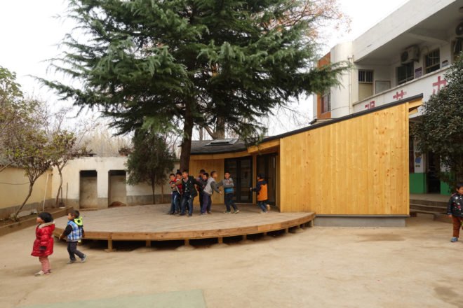 Tsiaogou reading room by SLOW Architects, SLOW Architects reading room, Tsiaogou library, library architecture for children, wooden reading room, fan-shaped architecture made from wood, low-tech Chinese timber architecture