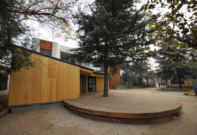 Tsiaogou reading room by SLOW Architects, SLOW Architects reading room, Tsiaogou library, library architecture for children, wooden reading room, fan-shaped architecture made from wood, low-tech Chinese timber architecture