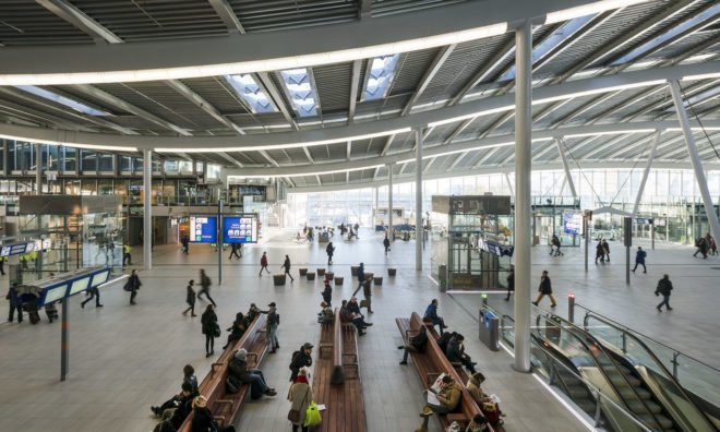 Benthem Crouwel Architects, green infrastructure, green transportation, LED lights, public transport, skylights, transit hub, transport hub, undulating roof, utrecht, Utrecht Central Station