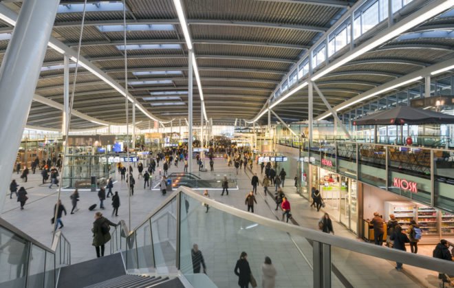 Benthem Crouwel Architects, green infrastructure, green transportation, LED lights, public transport, skylights, transit hub, transport hub, undulating roof, utrecht, Utrecht Central Station