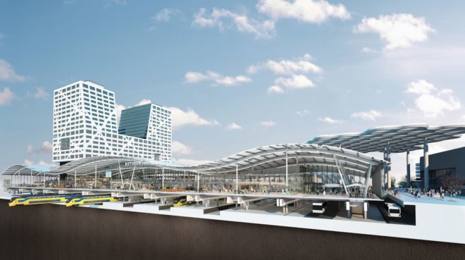 Benthem Crouwel Architects, green infrastructure, green transportation, LED lights, public transport, skylights, transit hub, transport hub, undulating roof, utrecht, Utrecht Central Station