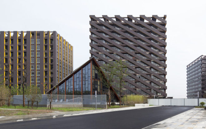 FMD Architects, Wood Pavilion, Shanghai, wooden showroom, showroom, sloping roof, skylights, green architecture, timber structure, concrete, steel