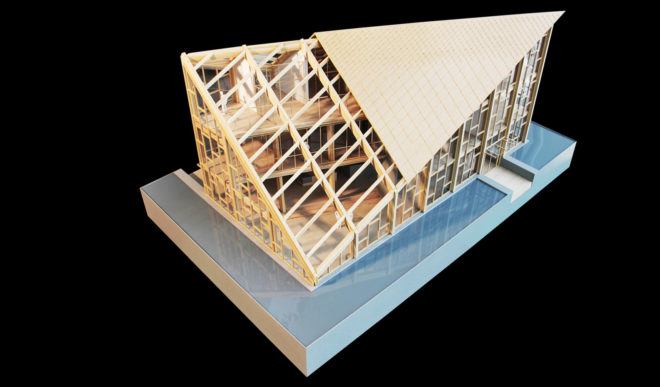FMD Architects, Wood Pavilion, Shanghai, wooden showroom, showroom, sloping roof, skylights, green architecture, timber structure, concrete, steel