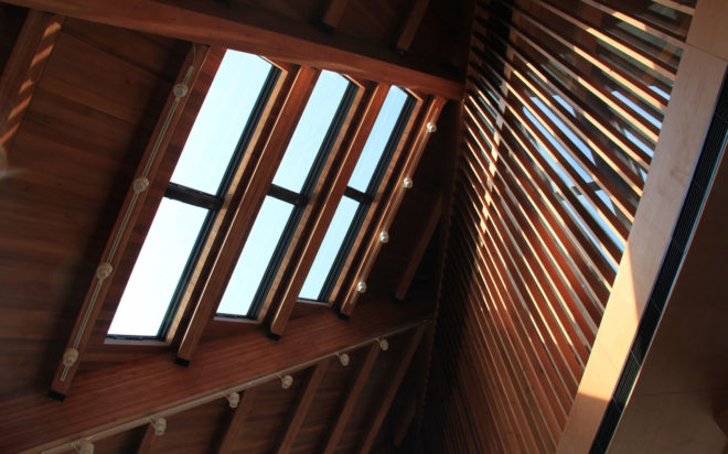 FMD Architects, Wood Pavilion, Shanghai, wooden showroom, showroom, sloping roof, skylights, green architecture, timber structure, concrete, steel