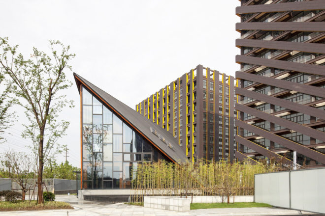 FMD Architects, Wood Pavilion, Shanghai, wooden showroom, showroom, sloping roof, skylights, green architecture, timber structure, concrete, steel