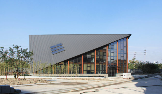 FMD Architects, Wood Pavilion, Shanghai, wooden showroom, showroom, sloping roof, skylights, green architecture, timber structure, concrete, steel