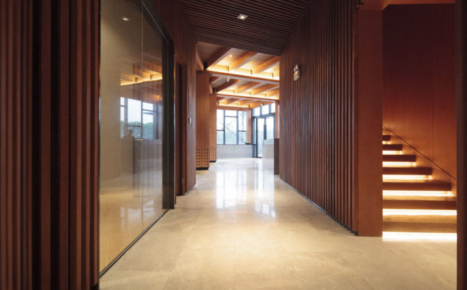 FMD Architects, Wood Pavilion, Shanghai, wooden showroom, showroom, sloping roof, skylights, green architecture, timber structure, concrete, steel