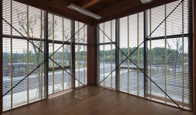 FMD Architects, Wood Pavilion, Shanghai, wooden showroom, showroom, sloping roof, skylights, green architecture, timber structure, concrete, steel
