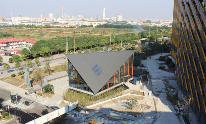 FMD Architects, Wood Pavilion, Shanghai, wooden showroom, showroom, sloping roof, skylights, green architecture, timber structure, concrete, steel