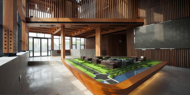 FMD Architects, Wood Pavilion, Shanghai, wooden showroom, showroom, sloping roof, skylights, green architecture, timber structure, concrete, steel