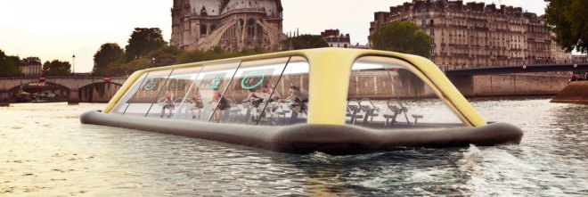 Carlo Ratti Associati, Paris navigating gym, floating gym paris, floating houses, Bateaux Mouches, Technogym, Terreform ONE , URBEM, human energy power, human power, gym power, sustainable energy, renewable energy, green mobility options, urban design, river boats, paris mobility options, paris sustainability