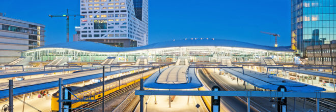 Utrecht Central Station, Benthem Crouwel Architects, transit hub, Utrecht, transport hub, undulating roof, LED lights, skylights, green transportation, public transport, green infrastructure