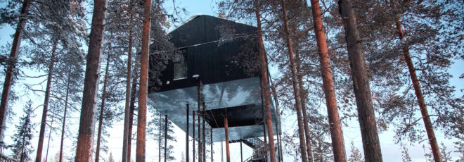 7th room in treehotel, 7th room by Snøhetta, Treehotel northern lights, Snøhetta and Treehotel, Treehotel in Sweden, elevated timber cabin in the forest,
