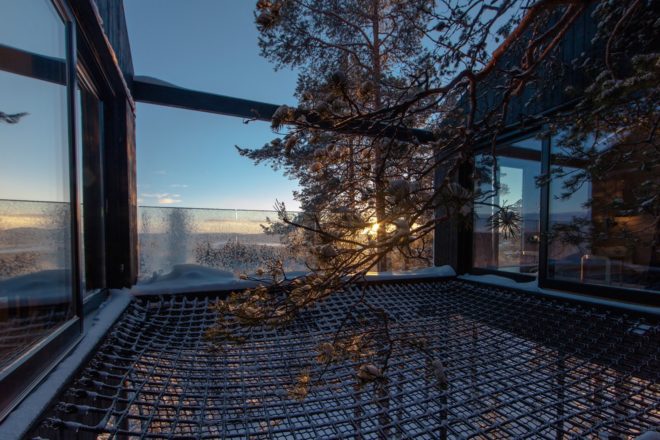 7th room in treehotel, 7th room by Snøhetta, Treehotel northern lights, Snøhetta and Treehotel, Treehotel in Sweden, elevated timber cabin in the forest,