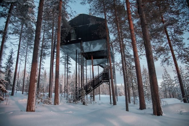 7th room in treehotel, 7th room by Snøhetta, Treehotel northern lights, Snøhetta and Treehotel, Treehotel in Sweden, elevated timber cabin in the forest,
