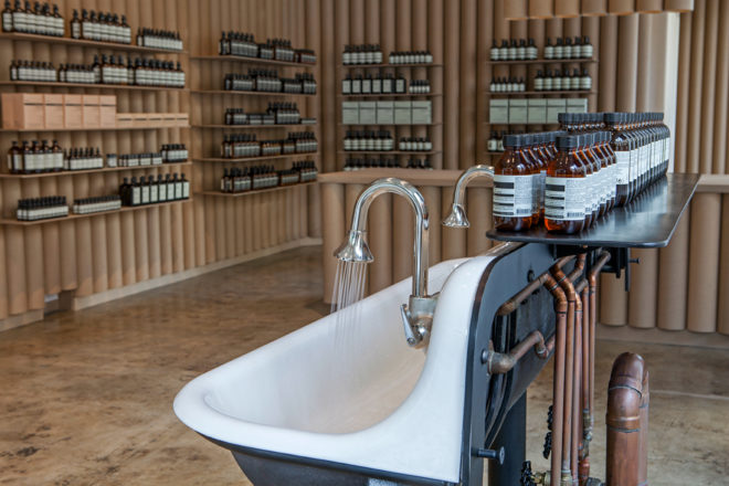 Brooks + Scarpa, Aesop DTLA, sustainable retail projects, retail LA, paper display shelving, recycled cardboard tubes, cardboard constructuion, cardboard building material, green building, sustainable building, vintage sinks, repurposed materials, cardboard countertops, green materials, recycled paper