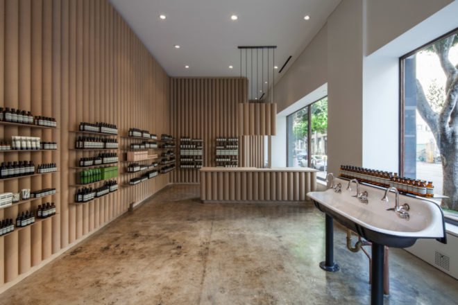 Brooks + Scarpa, Aesop DTLA, sustainable retail projects, retail LA, paper display shelving, recycled cardboard tubes, cardboard constructuion, cardboard building material, green building, sustainable building, vintage sinks, repurposed materials, cardboard countertops, green materials, recycled paper