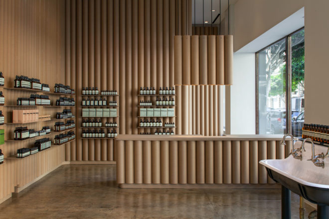 Brooks + Scarpa, Aesop DTLA, sustainable retail projects, retail LA, paper display shelving, recycled cardboard tubes, cardboard constructuion, cardboard building material, green building, sustainable building, vintage sinks, repurposed materials, cardboard countertops, green materials, recycled paper