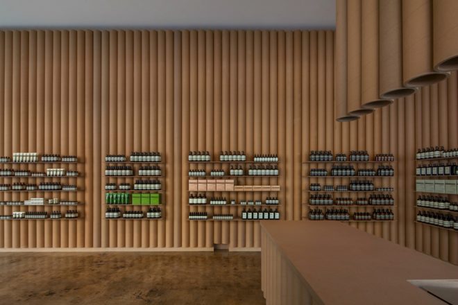 Brooks + Scarpa, Aesop DTLA, sustainable retail projects, retail LA, paper display shelving, recycled cardboard tubes, cardboard constructuion, cardboard building material, green building, sustainable building, vintage sinks, repurposed materials, cardboard countertops, green materials, recycled paper