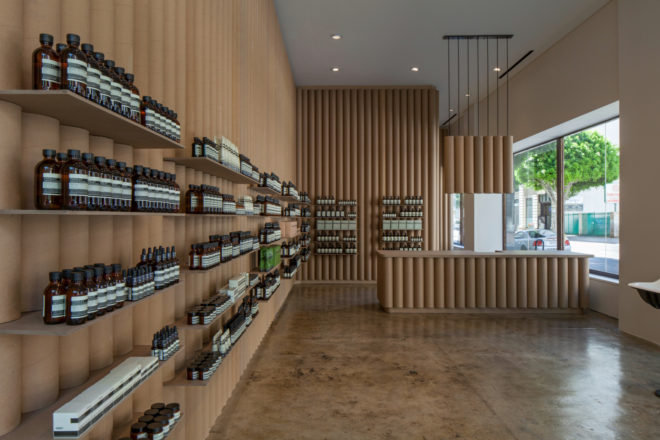 Brooks + Scarpa, Aesop DTLA, sustainable retail projects, retail LA, paper display shelving, recycled cardboard tubes, cardboard constructuion, cardboard building material, green building, sustainable building, vintage sinks, repurposed materials, cardboard countertops, green materials, recycled paper