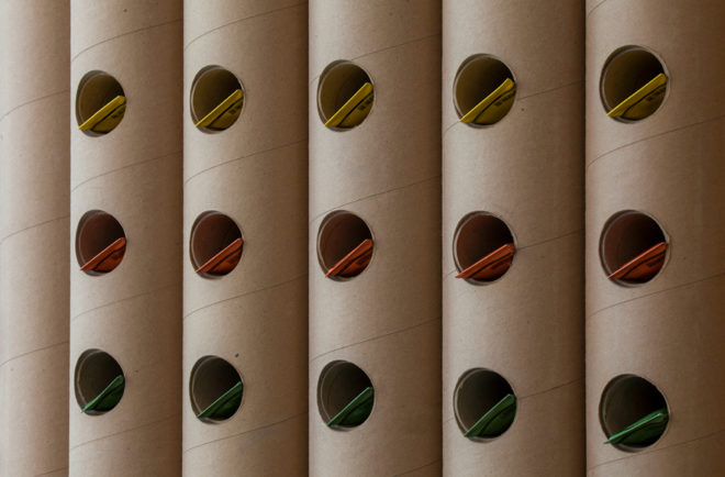 Brooks + Scarpa, Aesop DTLA, sustainable retail projects, retail LA, paper display shelving, recycled cardboard tubes, cardboard constructuion, cardboard building material, green building, sustainable building, vintage sinks, repurposed materials, cardboard countertops, green materials, recycled paper