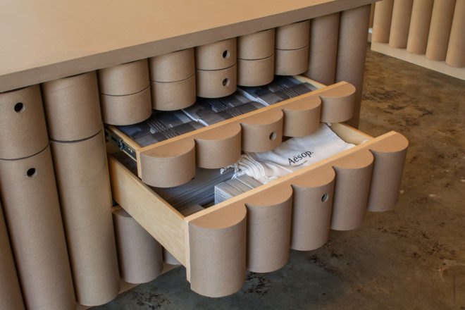 Brooks + Scarpa, Aesop DTLA, sustainable retail projects, retail LA, paper display shelving, recycled cardboard tubes, cardboard constructuion, cardboard building material, green building, sustainable building, vintage sinks, repurposed materials, cardboard countertops, green materials, recycled paper