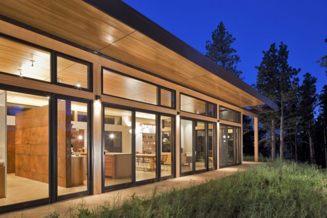 Boulder Cabin by Dynia Architects, contemporary boulder cabin, cabin with views of Flatiron, cabin with minimal site impact, minimize energy use cabin, weathered steel cladding, site specific cabin design, modern cabin design, contemporary timber cabin, steel clad cabin