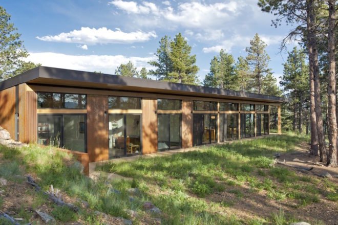 Boulder Cabin by Dynia Architects, contemporary boulder cabin, cabin with views of Flatiron, cabin with minimal site impact, minimize energy use cabin, weathered steel cladding, site specific cabin design, modern cabin design, contemporary timber cabin, steel clad cabin