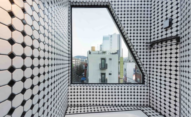 Moon Hoon, Dogok Maximum, Seoul, Gangnam, green architecture, natural light, woodwork, checkered tiling, sculptural building, pattern