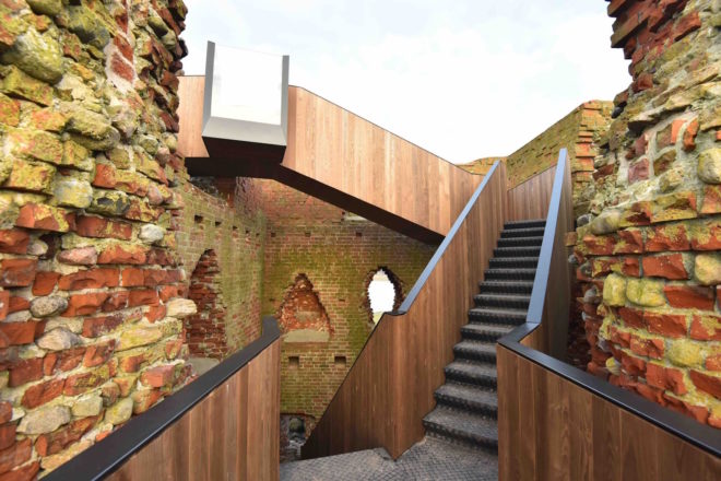 2017 European Mies van der Rohe Award, Kalø Slotsruin, Kalø Slotsruin visitor access, Kalø Slotsruin staircase, prefabricated staircase, restoring access to historical ruins, brick medieval ruins in Denmark, Kalø Slotsruin intervention by MAP Architects,
