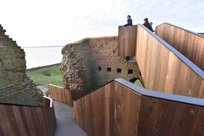 2017 European Mies van der Rohe Award, Kalø Slotsruin, Kalø Slotsruin visitor access, Kalø Slotsruin staircase, prefabricated staircase, restoring access to historical ruins, brick medieval ruins in Denmark, Kalø Slotsruin intervention by MAP Architects,