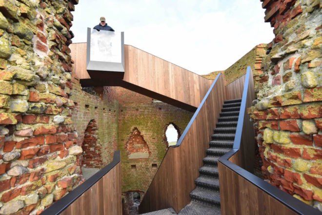 2017 European Mies van der Rohe Award, Kalø Slotsruin, Kalø Slotsruin visitor access, Kalø Slotsruin staircase, prefabricated staircase, restoring access to historical ruins, brick medieval ruins in Denmark, Kalø Slotsruin intervention by MAP Architects,